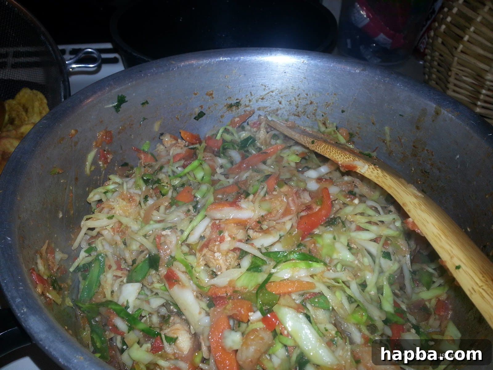 Savory Cabbage and Vegetable Stir-Fry 11 Cooked Cameroon Mixed Vegetables with shrimp, ready to serve