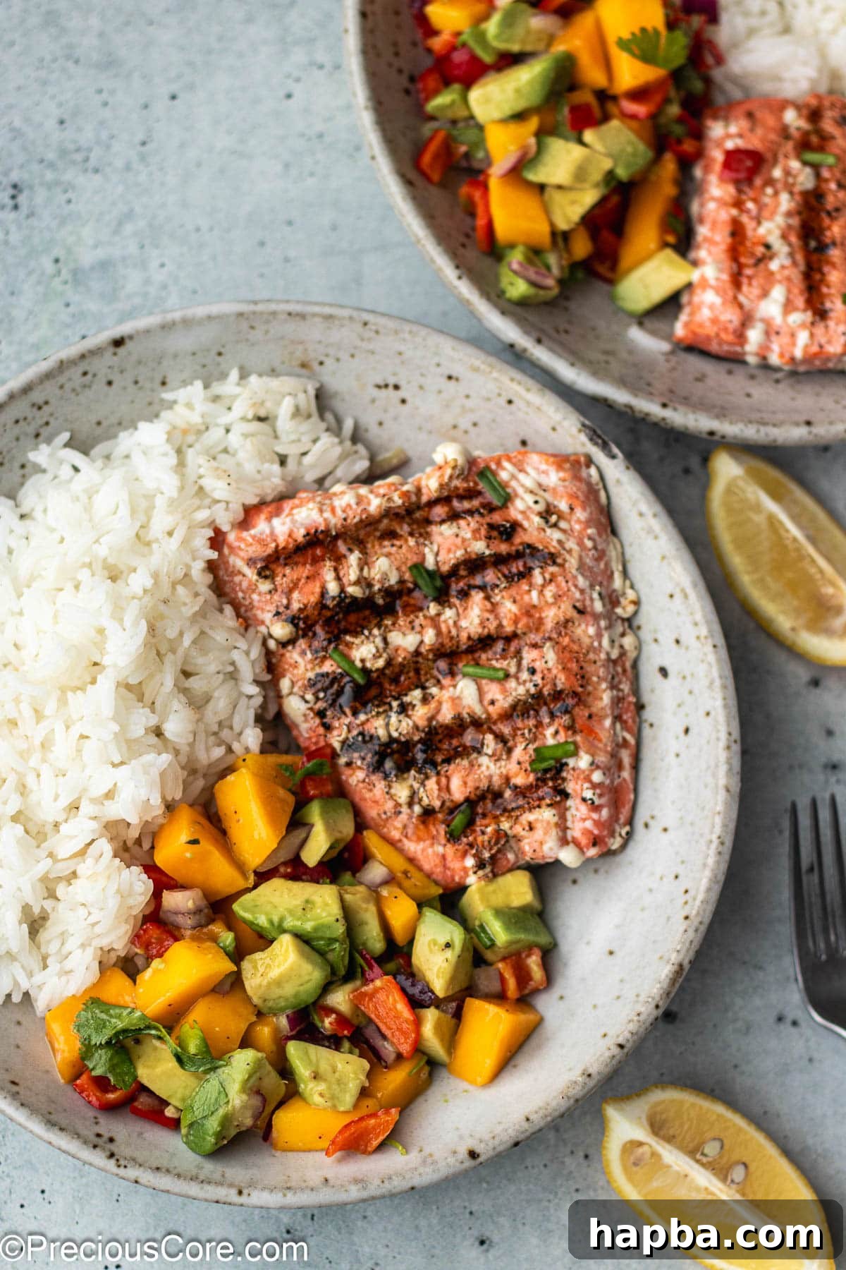 Grilled sockeye salmon in a bowl, served alongside fluffy rice and a vibrant mango salsa.