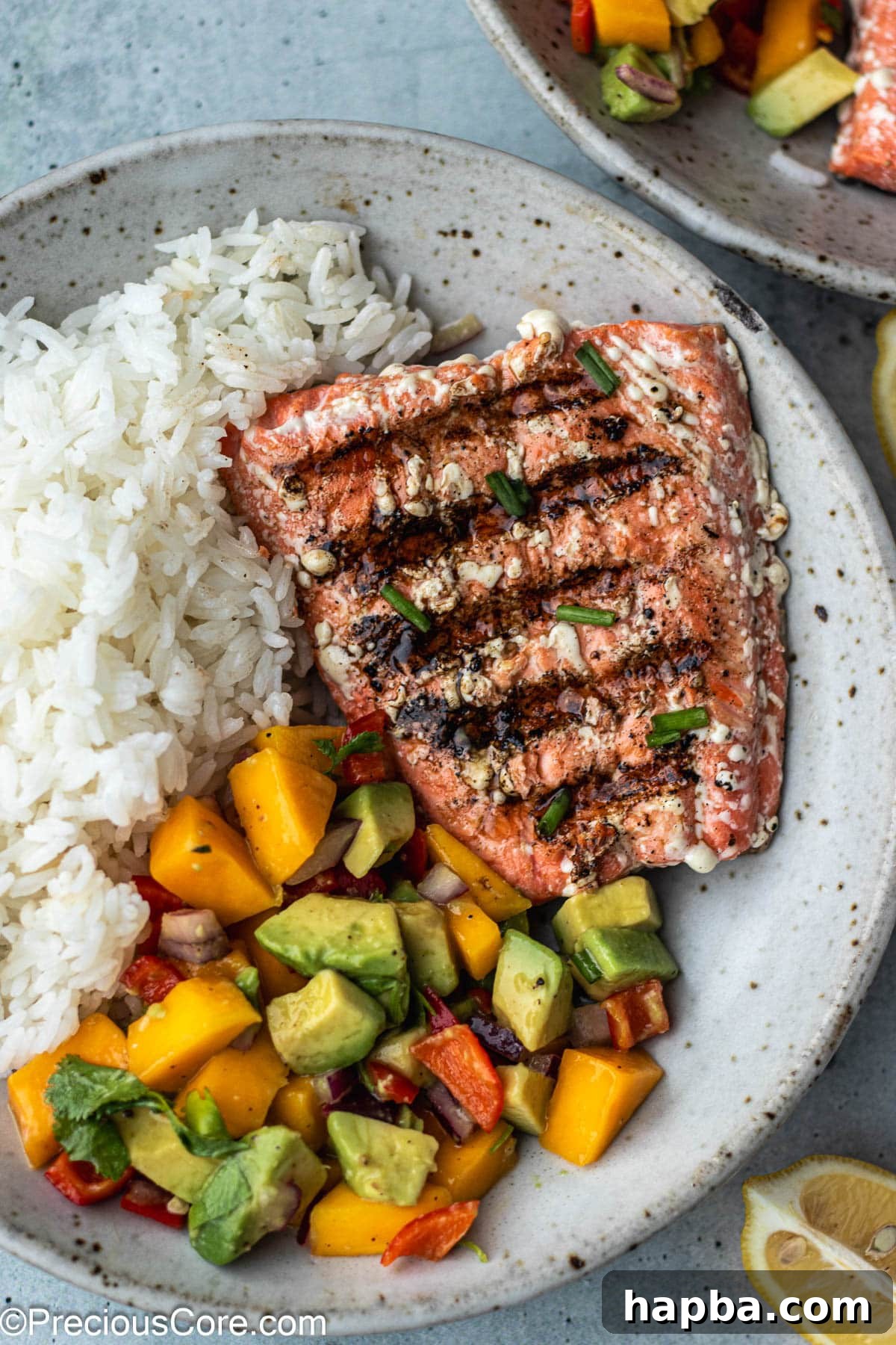A bowl filled with fragrant rice, topped with a perfectly grilled sockeye salmon fillet.