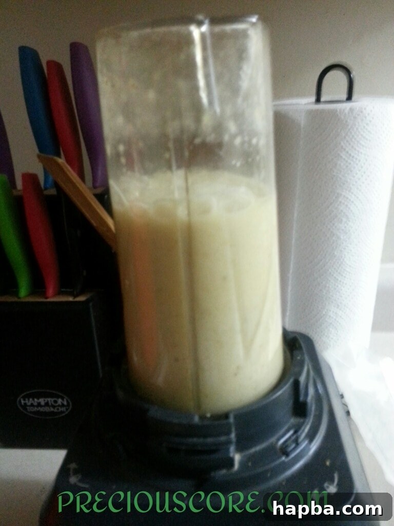 Blended banana mixture, a smooth paste ready for garri and other ingredients.