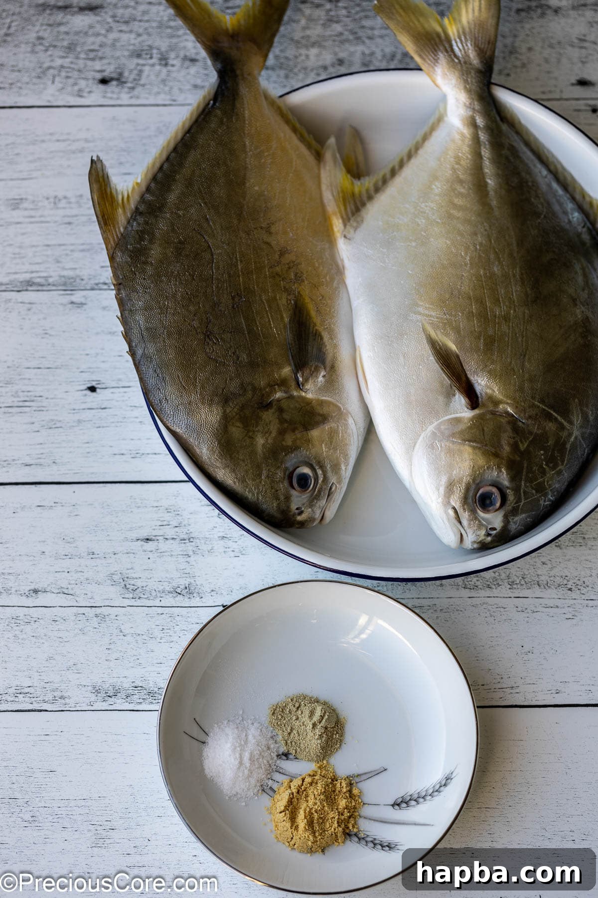 Two whole pompano fish in a white bowl, accompanied by a small plate of seasonings, ready for preparation.