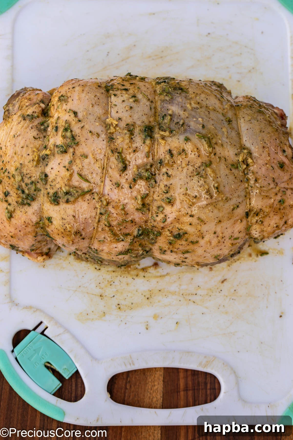 Succulent Boneless Roast Lamb 14 The seasoned and tied boneless leg of lamb, fully prepared for marination.