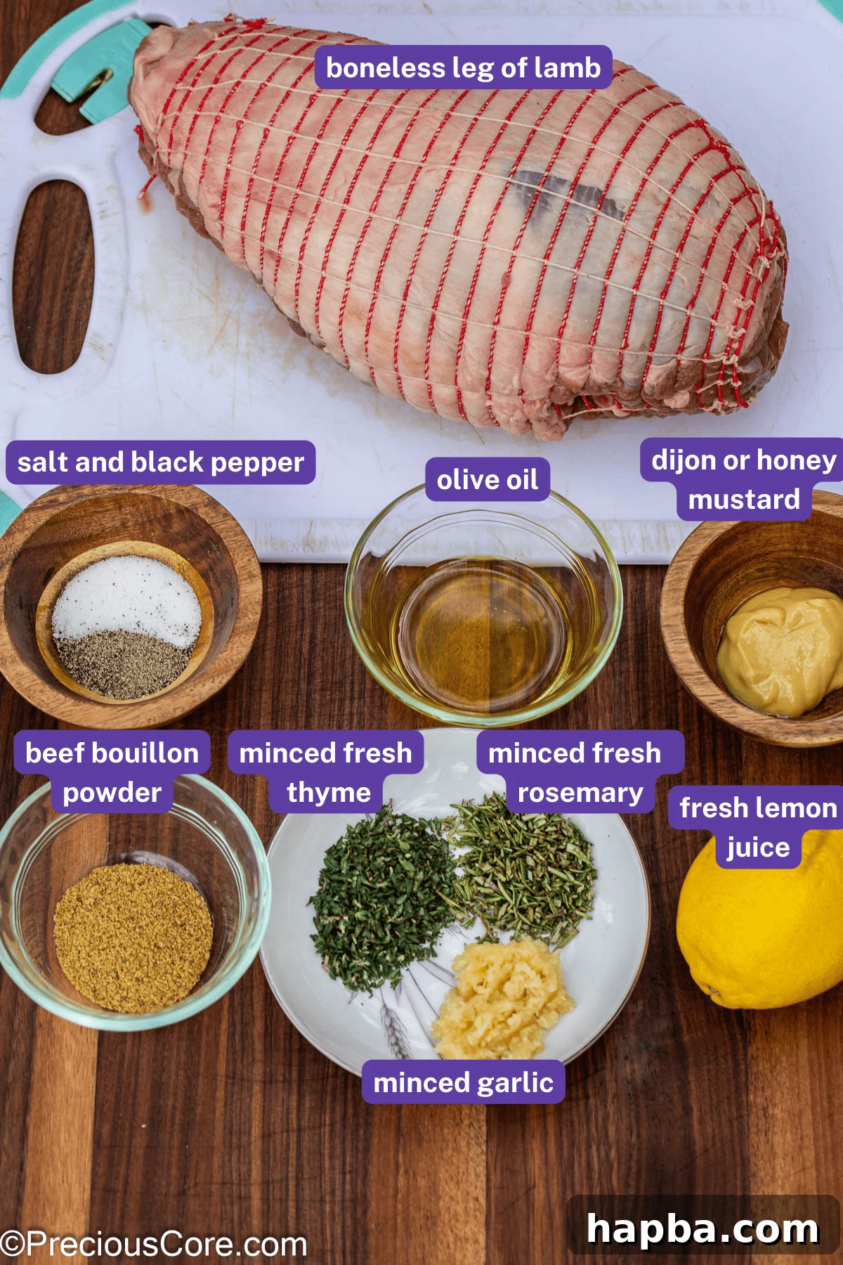 Succulent Boneless Roast Lamb 6 A selection of ingredients for roasted lamb, clearly labeled for convenience.