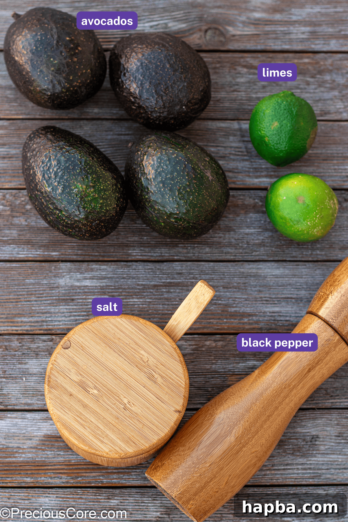 Effortless 4 Ingredient Guacamole 4 The four simple ingredients laid out: ripe avocados, fresh limes, salt, and black pepper.