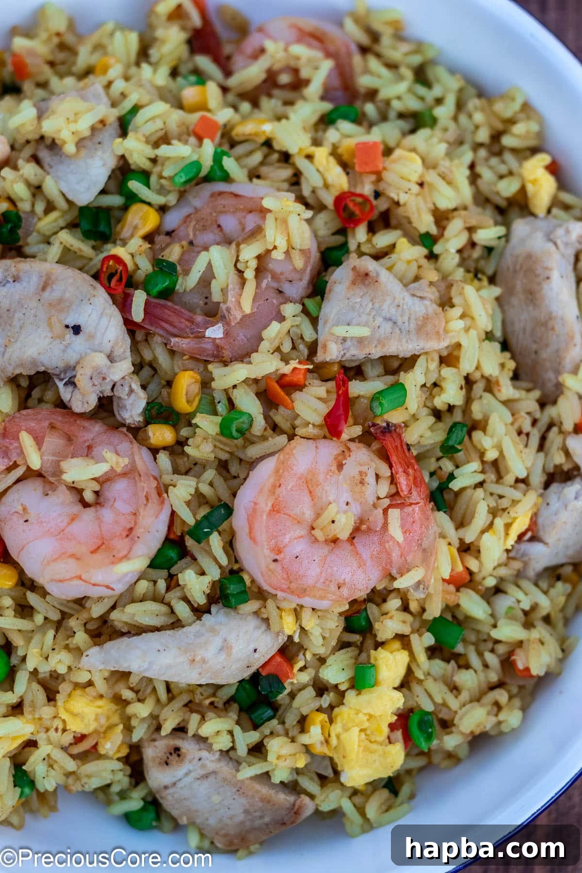 A close-up, mouth-watering shot of the finished shrimp and chicken fried rice, highlighting the individual grains and delicious components.