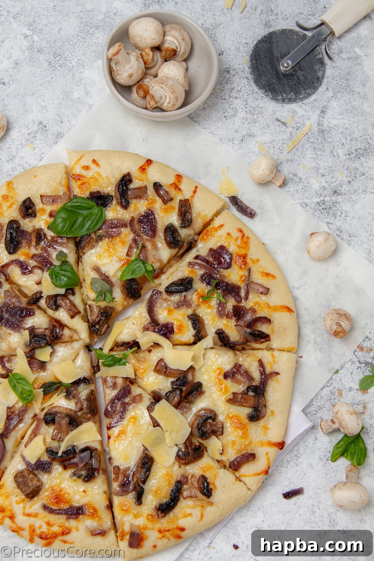 Delectable Mushroom Pizza 15 Freshly baked mushroom pizza, hot out of the oven, with a golden crust and bubbly cheese.
