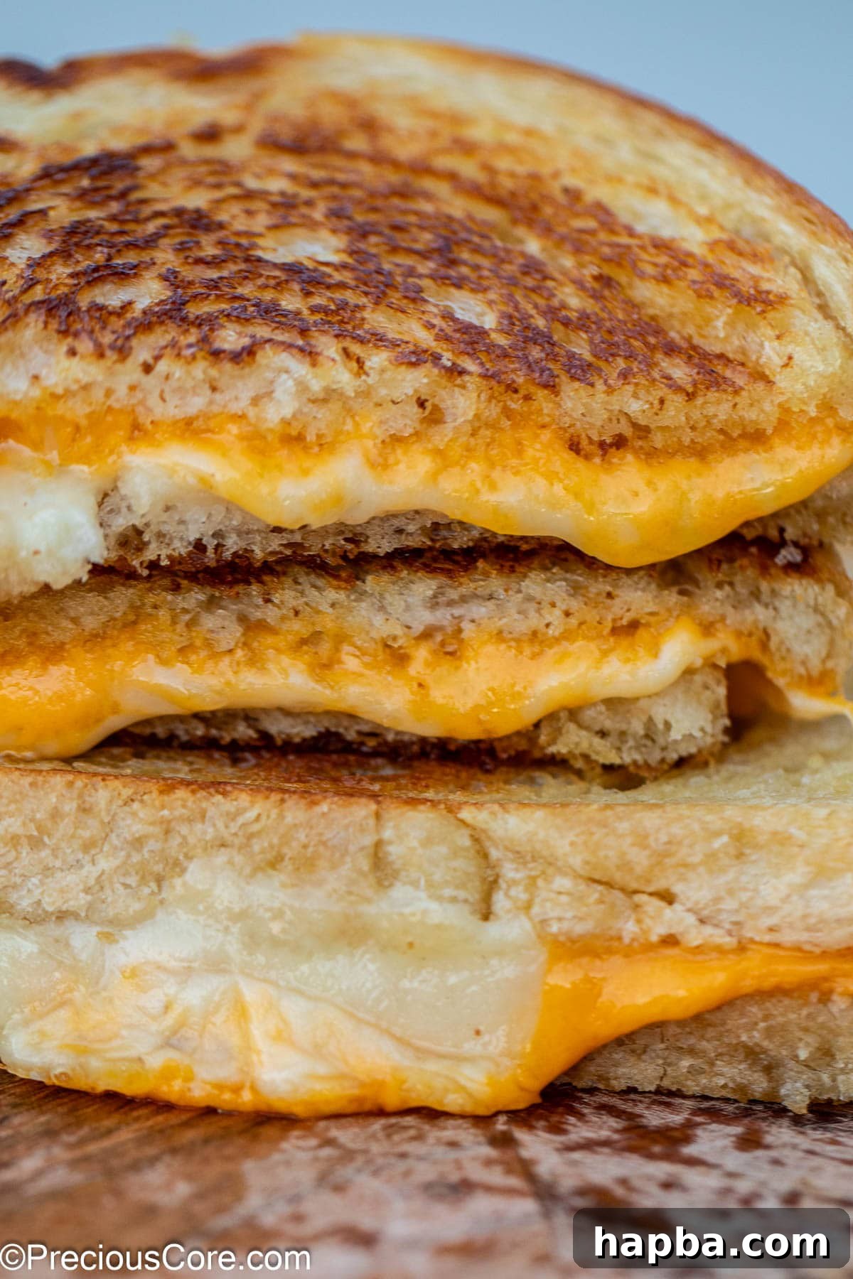 Perfectly golden and crispy sourdough grilled cheese bread slices on a dark surface.