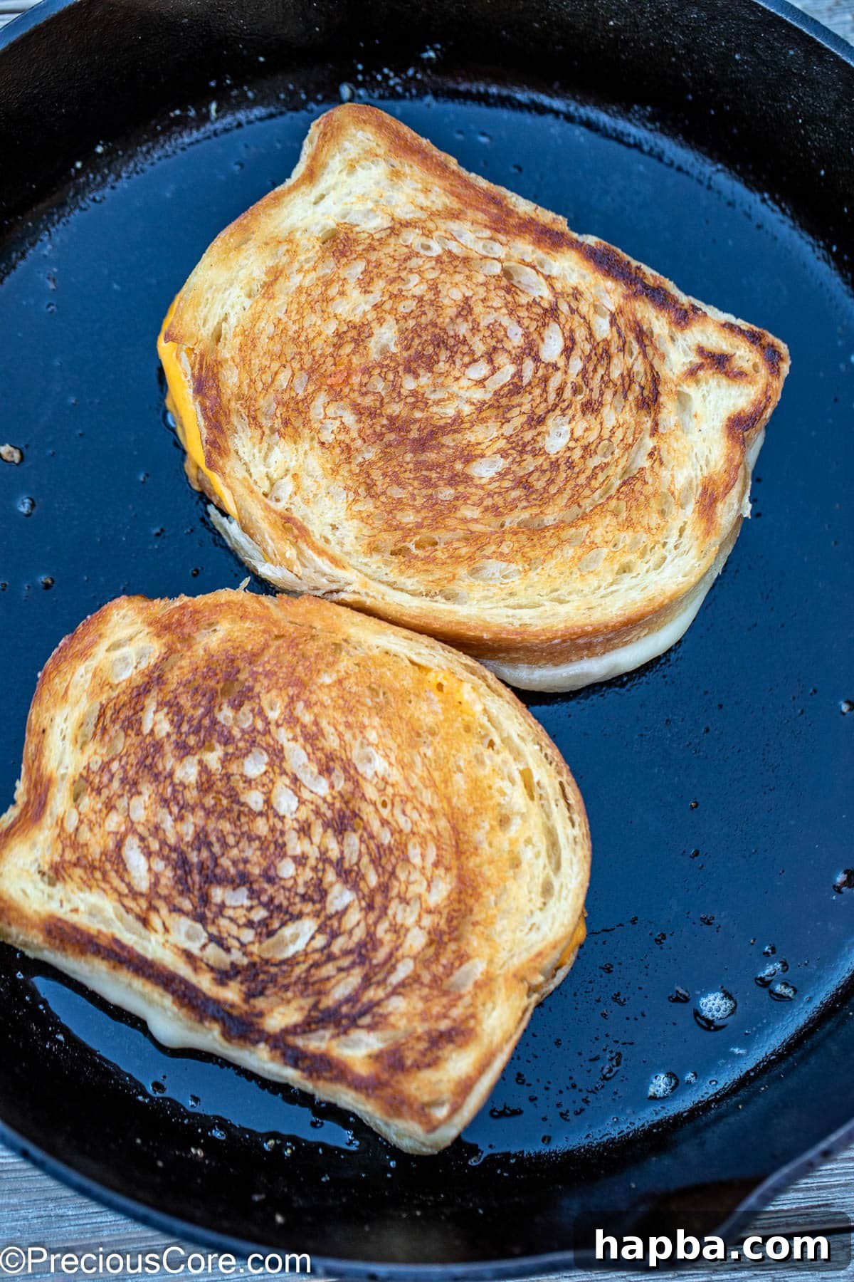 A finished sourdough grilled cheese sandwich resting invitingly in the cast iron skillet.