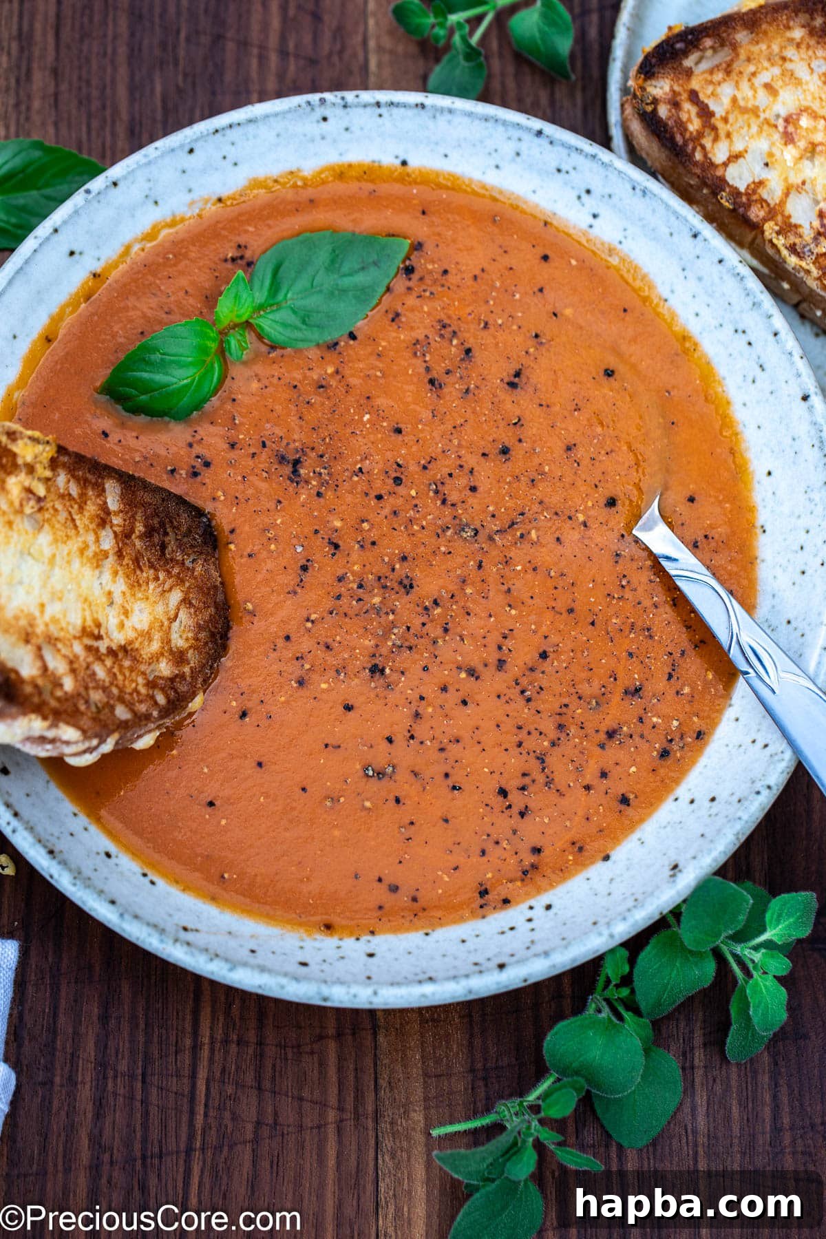 Roasted tomato and garlic soup in a bowl with a grilled cheese sandwich dipping into the soup. A perfect cozy meal.