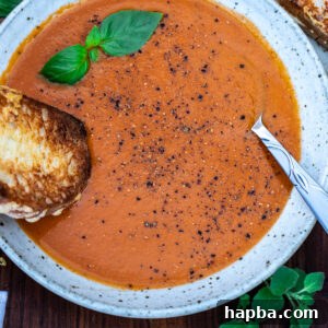 Roasted tomato and garlic soup in a bowl with a grilled cheese sandwich dipping into the soup.