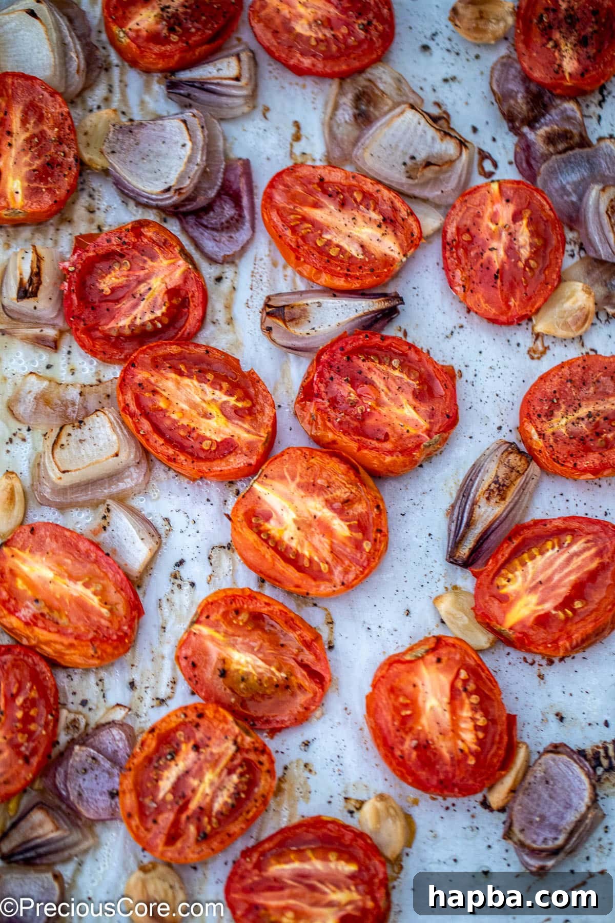 Perfectly roasted tomatoes, onions, and garlic on a sheet pan after coming out of the oven.
