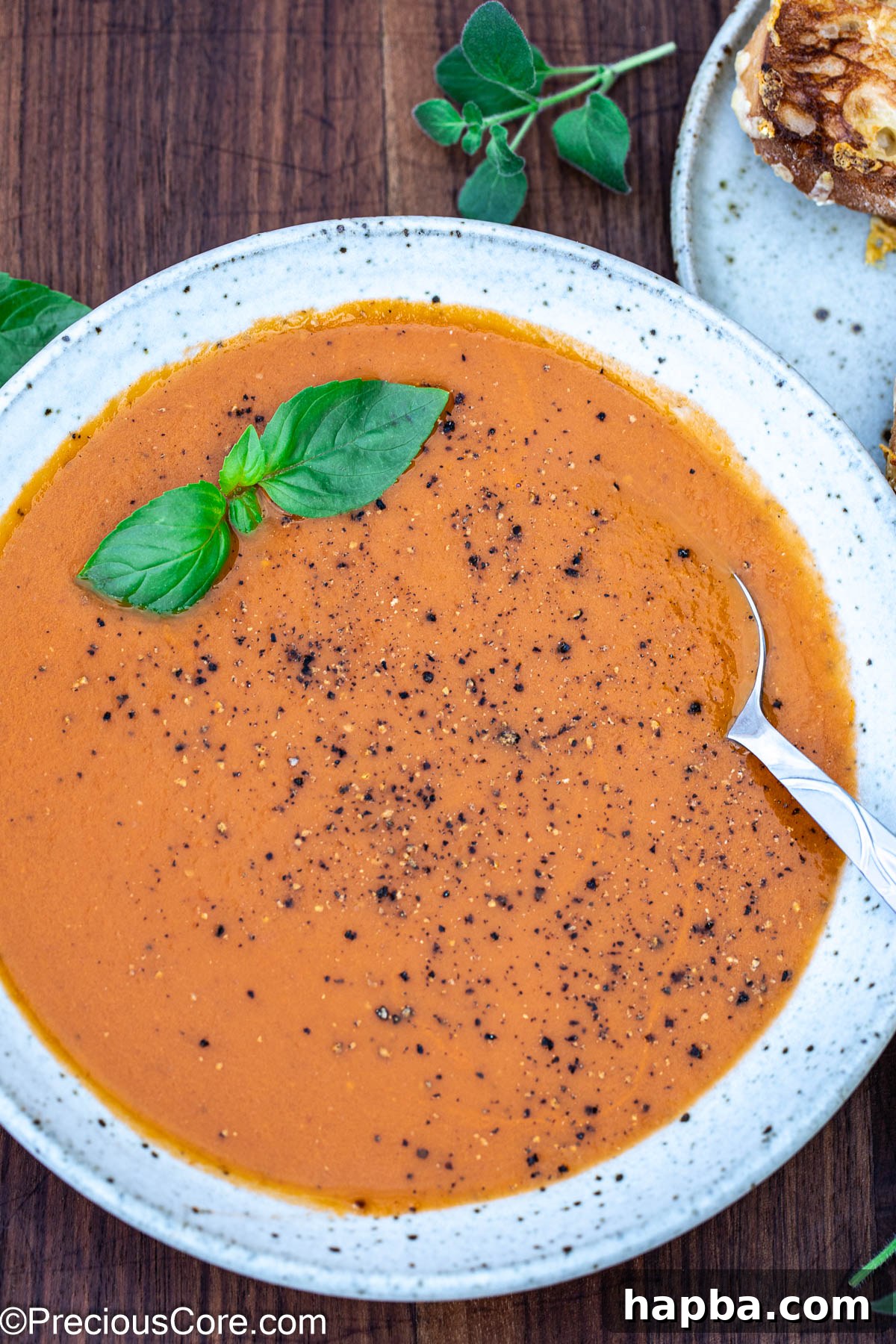 A comforting bowl of roasted tomato soup with a sprinkle of black pepper on top, ready for a cozy meal.