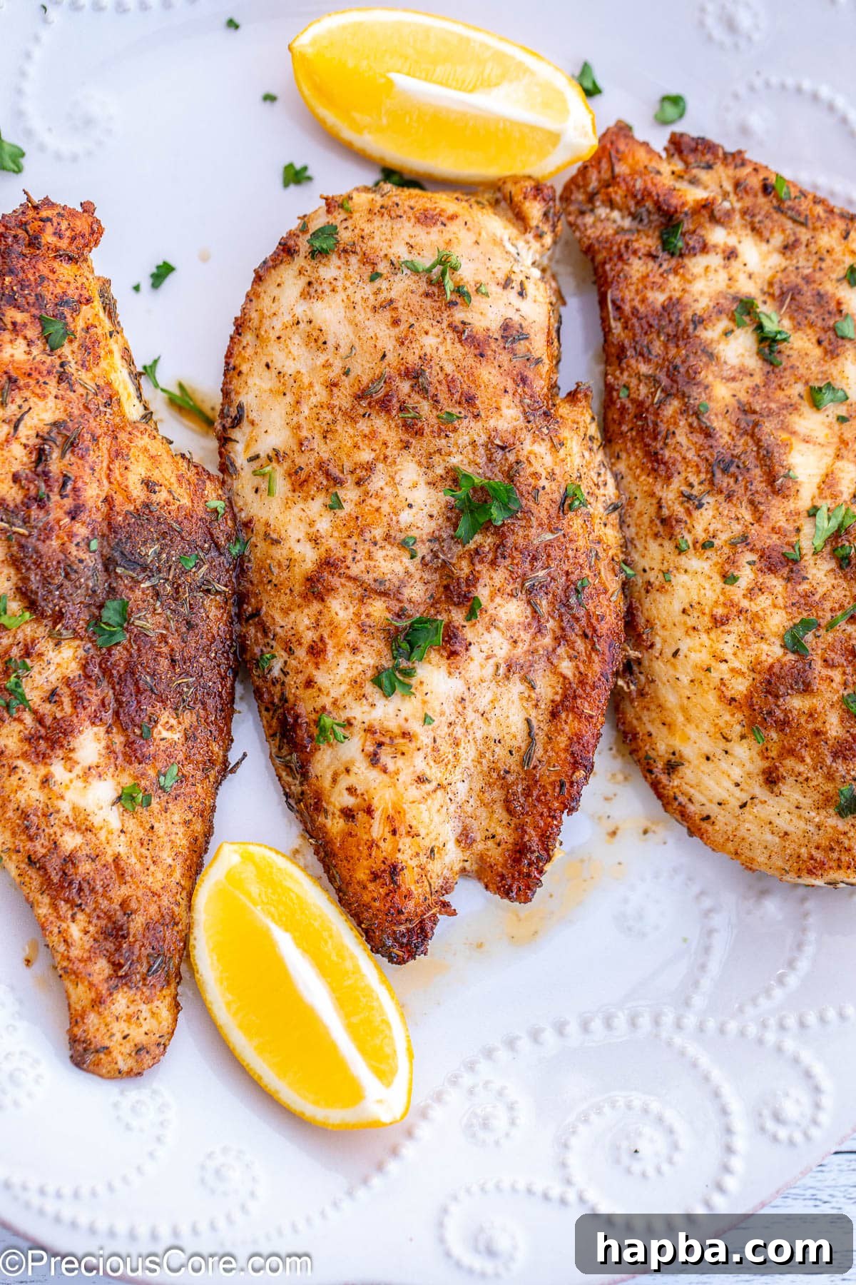 Thin sliced chicken breasts served with lemon wedges.