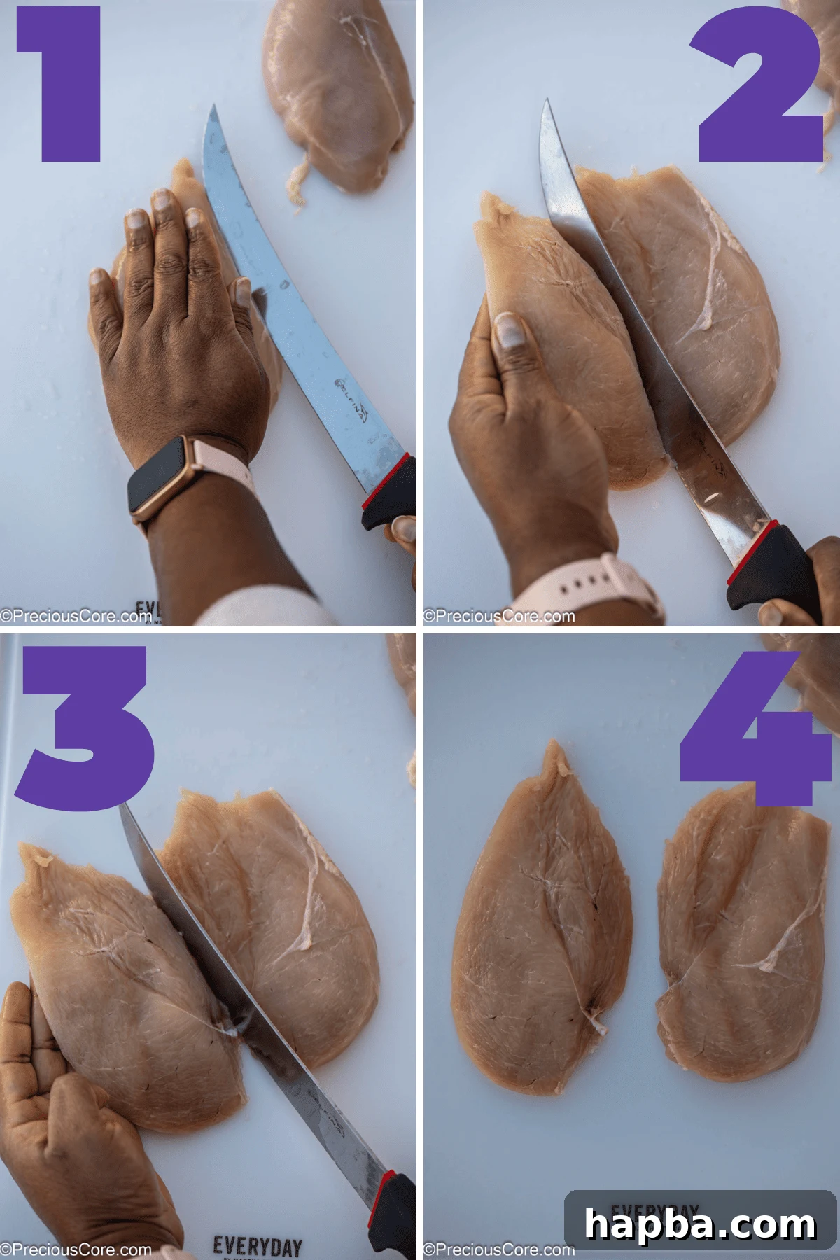 Cutting a chicken breast into thin sliced chicken breasts.