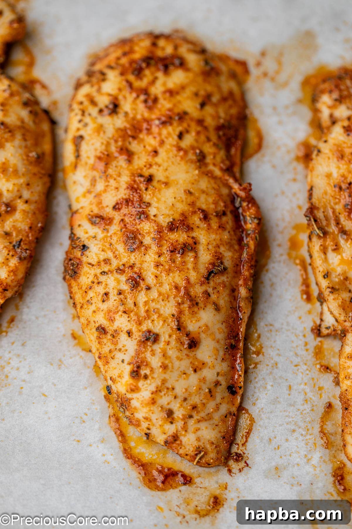 Tender Baked Chicken Cutlets 2 Close-up of golden brown, juicy baked chicken breasts on a sheet pan, garnished with fresh herbs.
