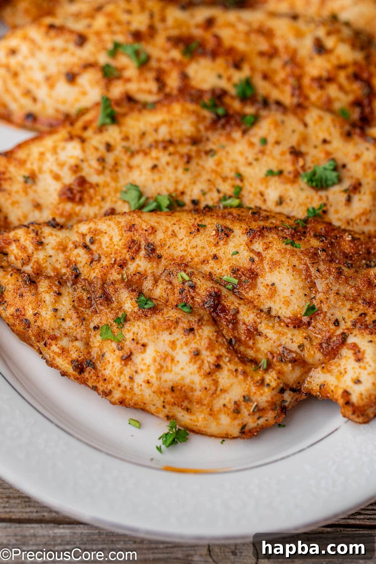Tender Baked Chicken Cutlets 4 Close-up shot of a single baked thin chicken breast, showing its golden crust and remarkably juicy interior texture.