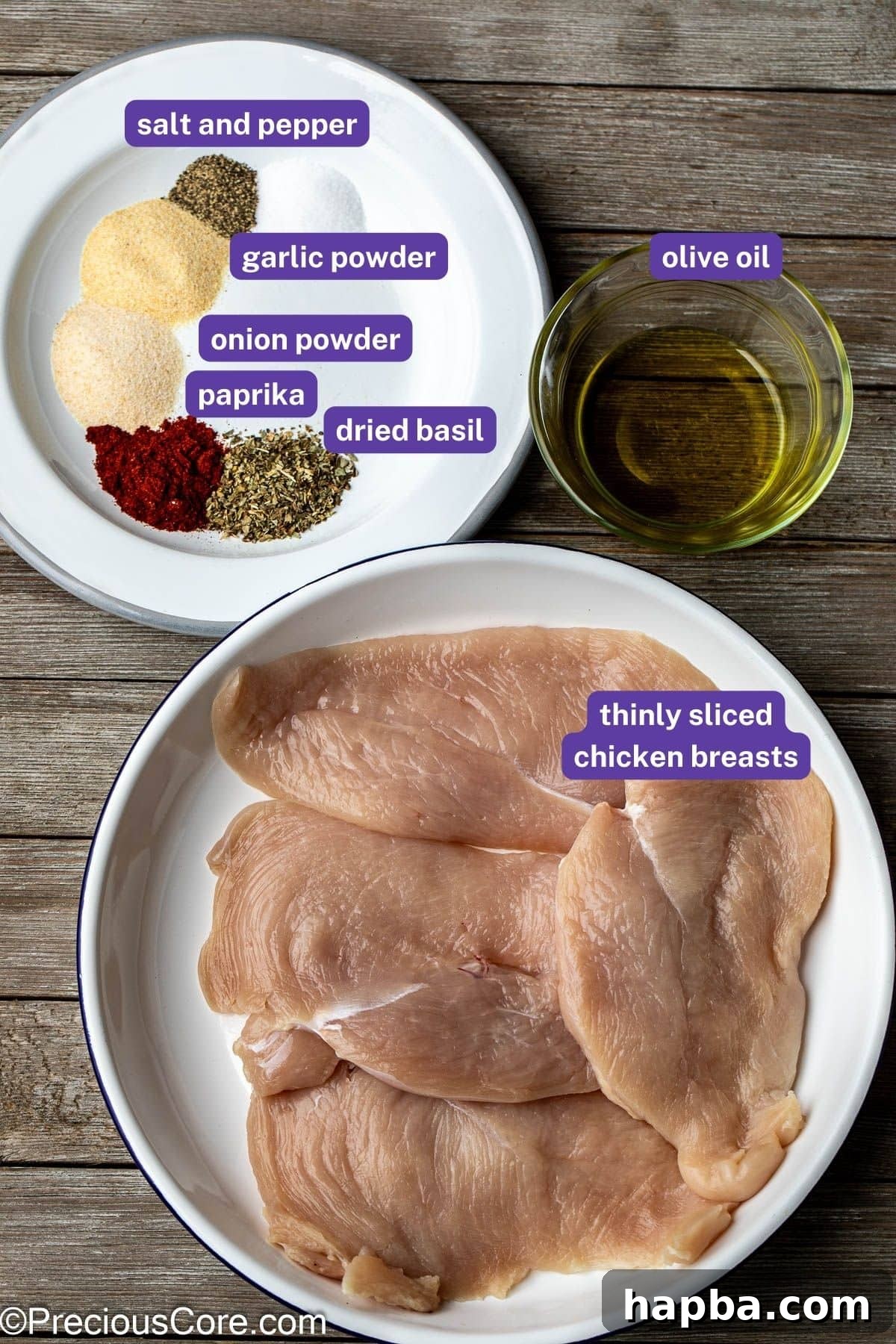Tender Baked Chicken Cutlets 5 All ingredients for baked chicken laid out on a white surface with individual labels: thin chicken breasts, olive oil, paprika, garlic powder, onion powder, dried basil, salt, and black pepper, ready for preparation.