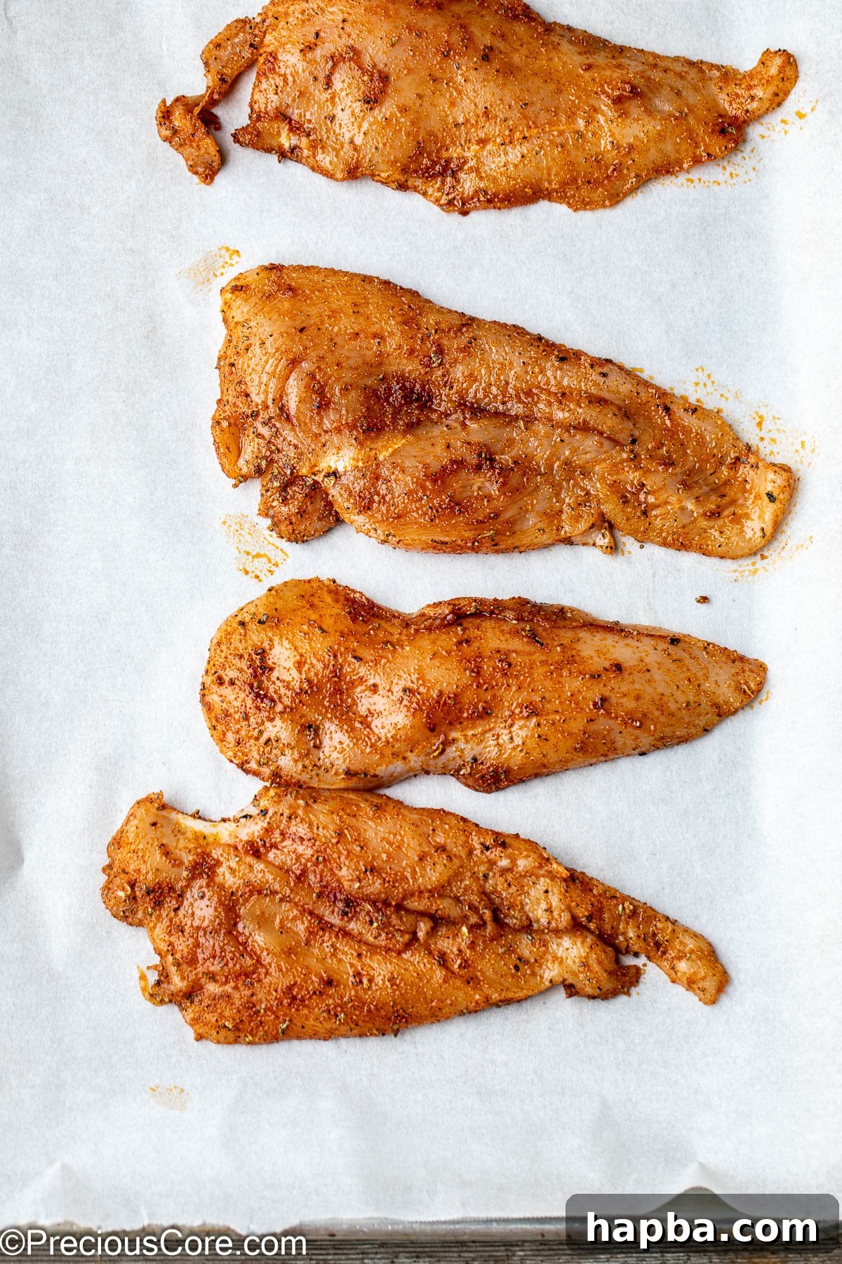 Tender Baked Chicken Cutlets 8 Seasoned thinly sliced chicken breasts arranged neatly and spaced on a parchment paper-lined baking sheet, prepared for the oven.