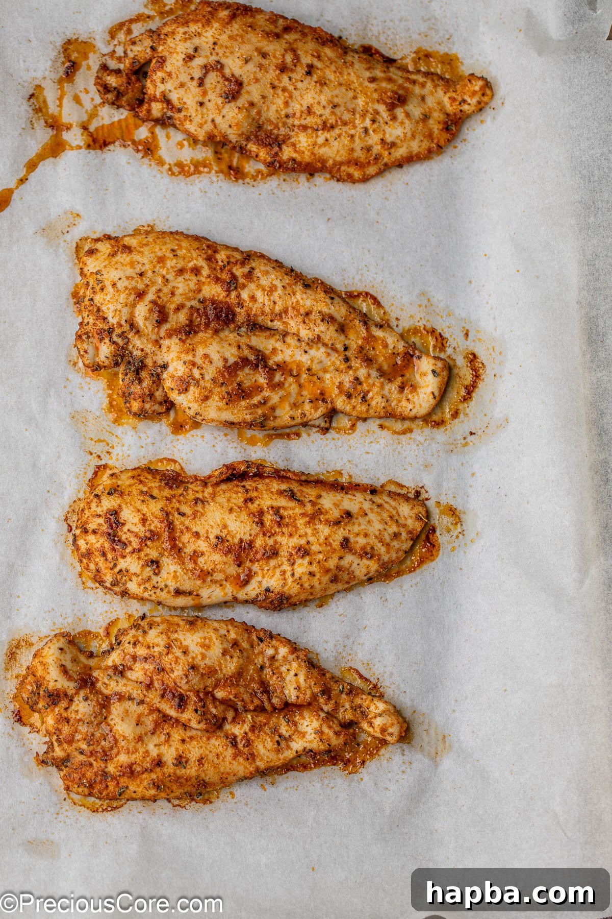 Tender Baked Chicken Cutlets 9 Four perfectly baked thin chicken breasts on a parchment paper-lined baking sheet, golden and juicy, fresh from the oven.