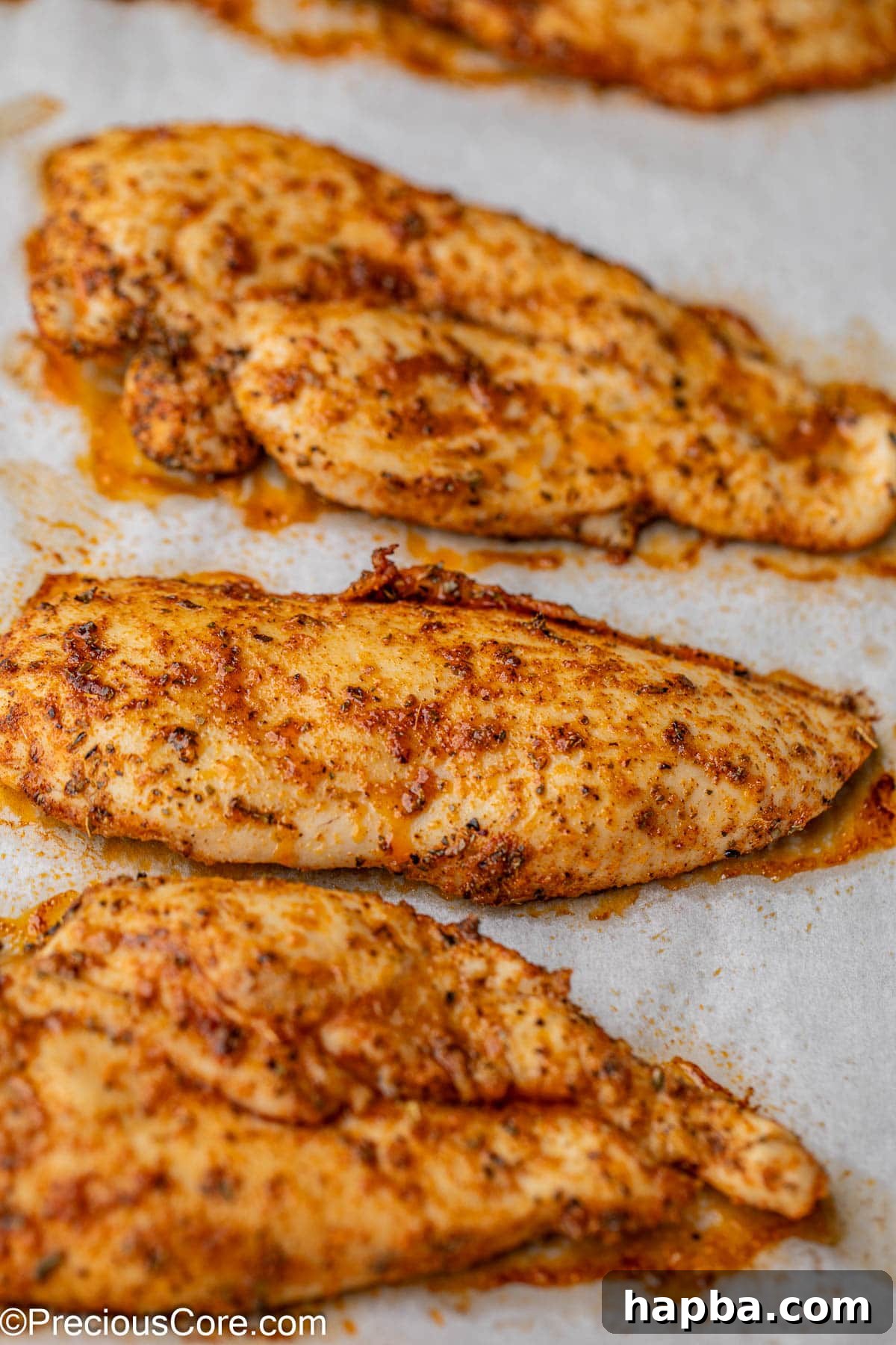 Tender Baked Chicken Cutlets 10 Freshly baked thin sliced chicken breasts, perfectly golden and glistening with natural juices, on a parchment paper-lined baking sheet.