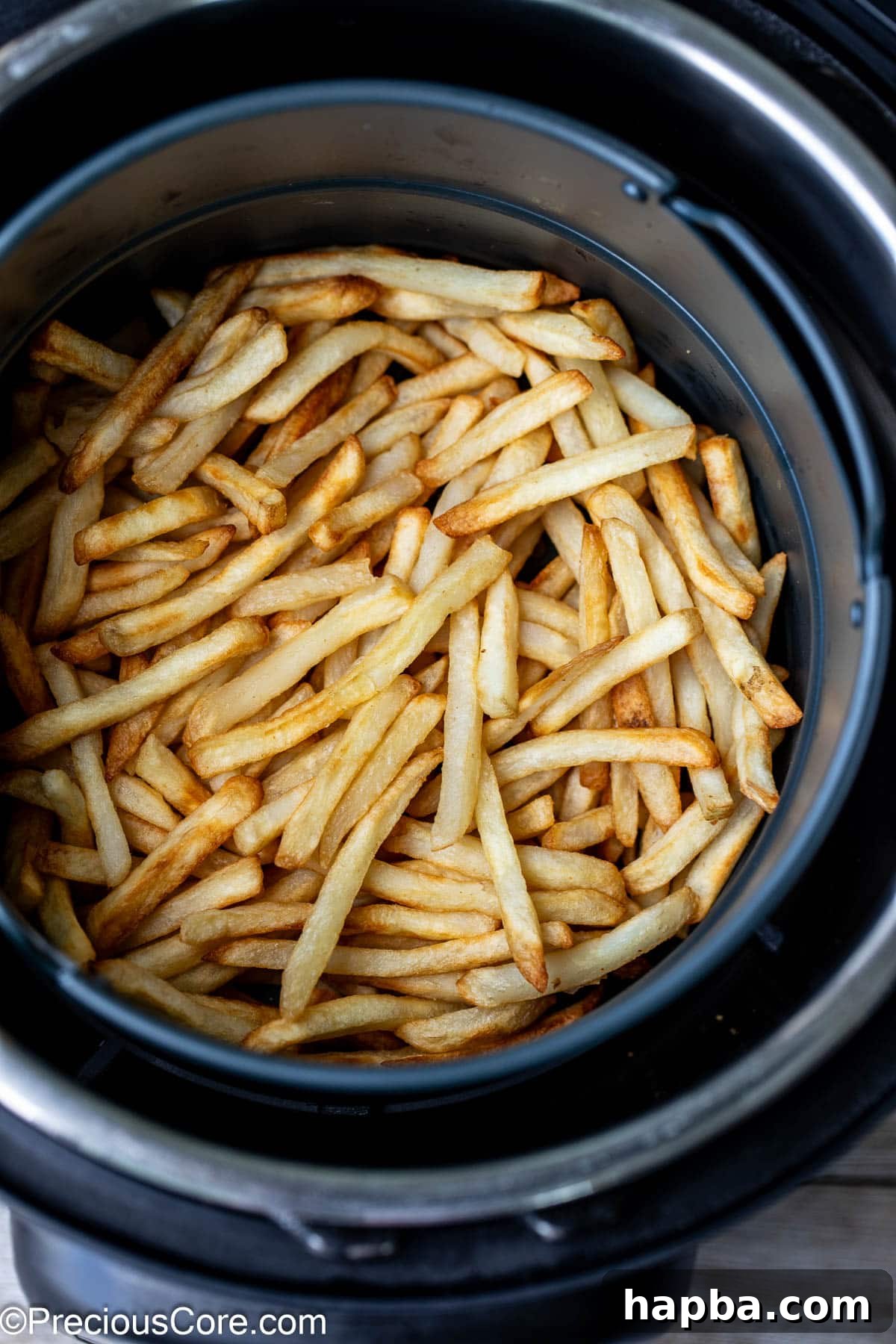 Air fried fries in a round air fryer basket, perfectly golden and crispy.
