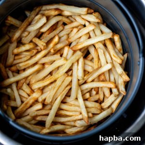 Air fried fries in a round air fryer basket, perfectly golden and crispy.