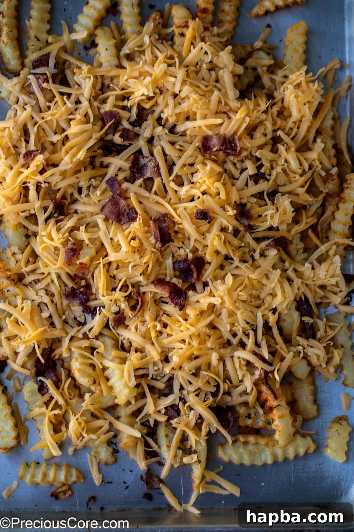 Crispy fries generously topped with shredded cheddar cheese and crumbled bacon pieces.