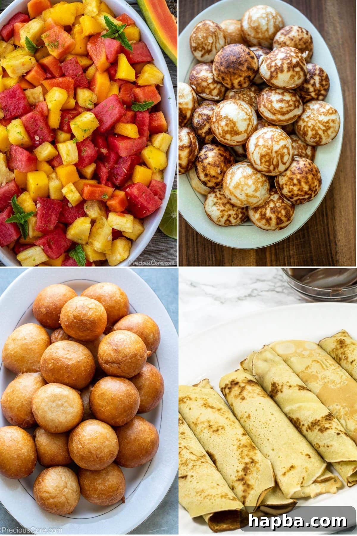 A vibrant collage featuring four popular African breakfast dishes, including golden twisted doughnuts, fresh tropical fruit salad, fried plantains, and fluffy puff-puff pastries, inviting you to explore diverse morning flavors.