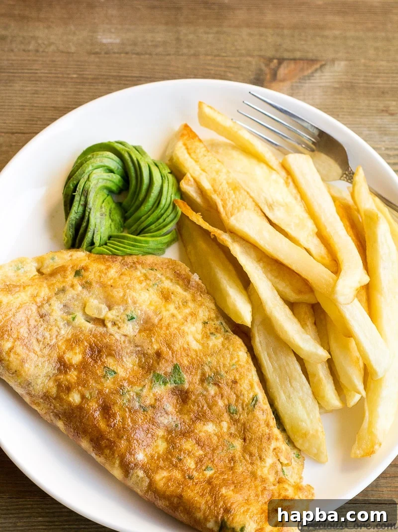 A plate of golden brown potato fries served alongside a fluffy omelette, garnished with fresh avocado slices, creating a wholesome and appealing breakfast meal.