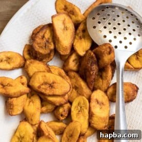 A close-up shot of glistening sweet fried plantains resting on paper towels, ready to be served.