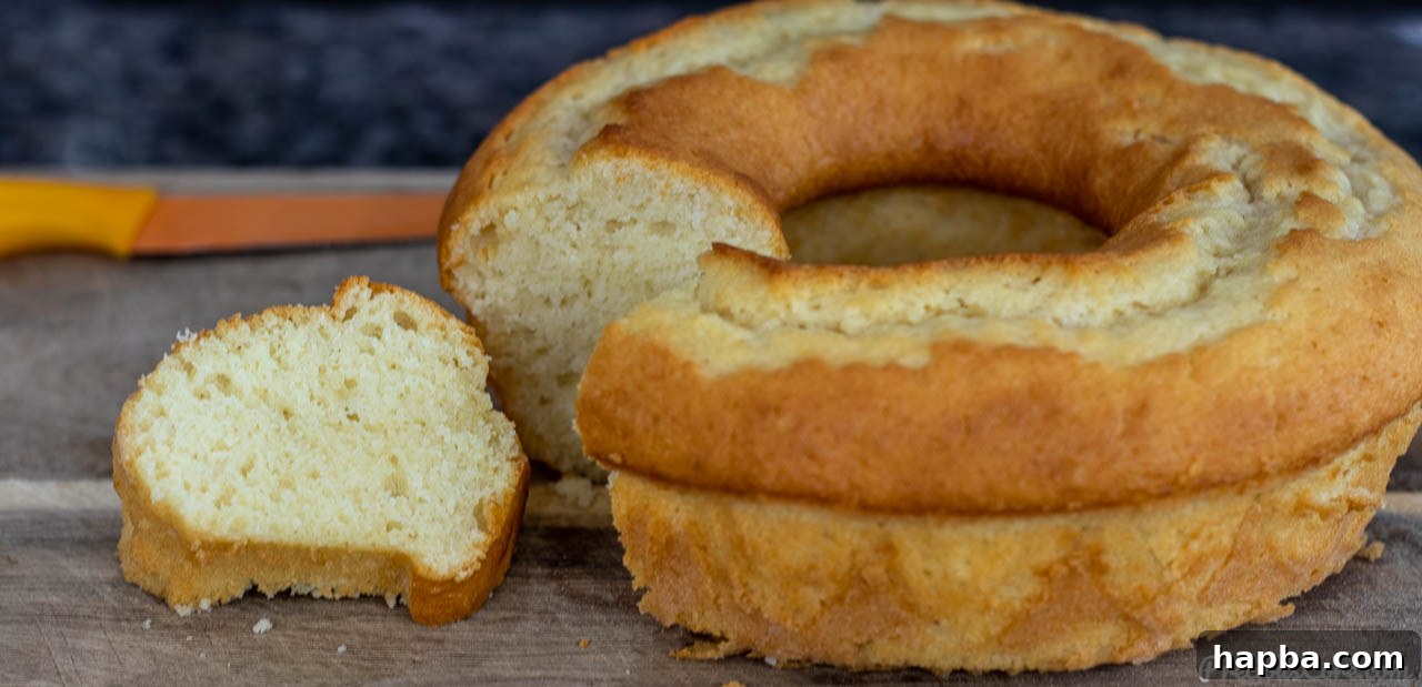 Velvet Yogurt Cake 3 A slice of yogurt cake on a cutting board, revealing its soft interior.