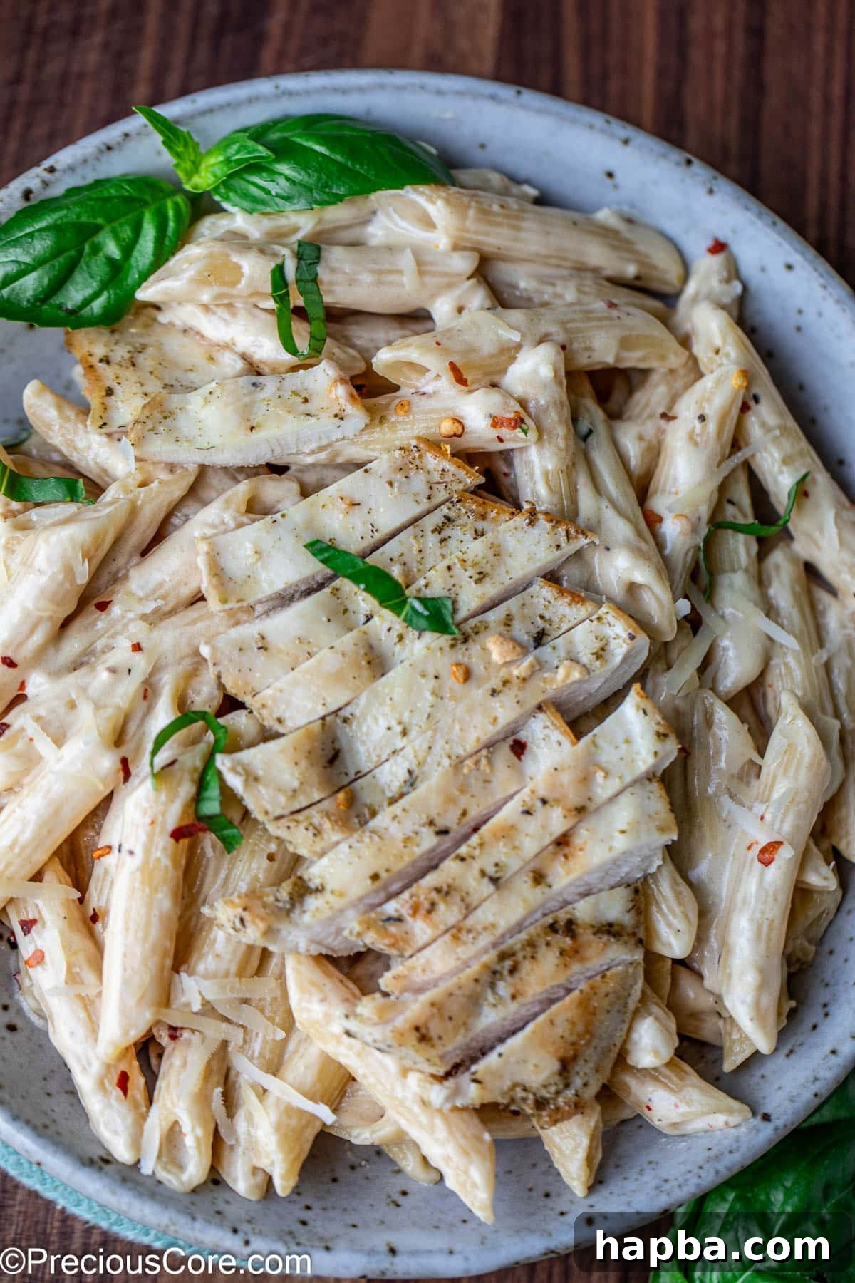 A close-up shot of a bowl brimming with creamy pasta, artfully topped with tender slices of chicken breast.