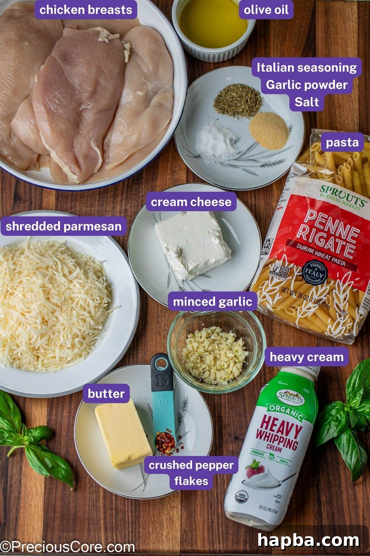 A flat lay of fresh ingredients including chicken breasts, penne pasta, garlic cloves, a block of parmesan cheese, heavy cream, and various seasonings, neatly arranged for the creamy garlic parmesan chicken pasta recipe.
