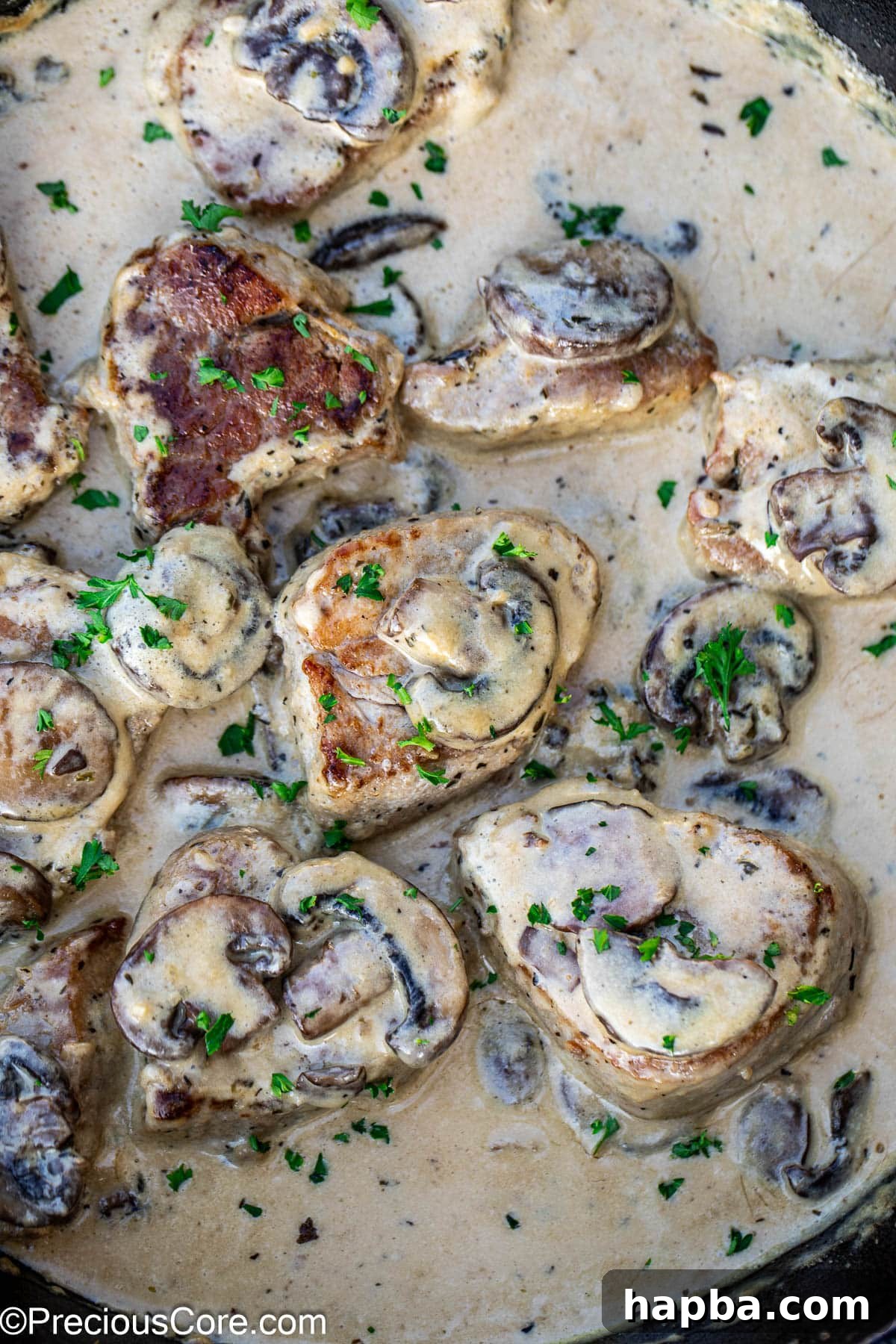 Perfectly cooked pork tenderloin medallions bathed in a luxurious creamy mushroom sauce, garnished with fresh herbs.