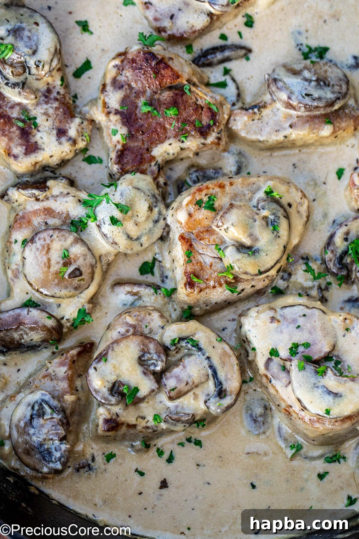 A close-up of tender pork medallions generously topped with sautéed mushrooms in a rich, savory creamy sauce.