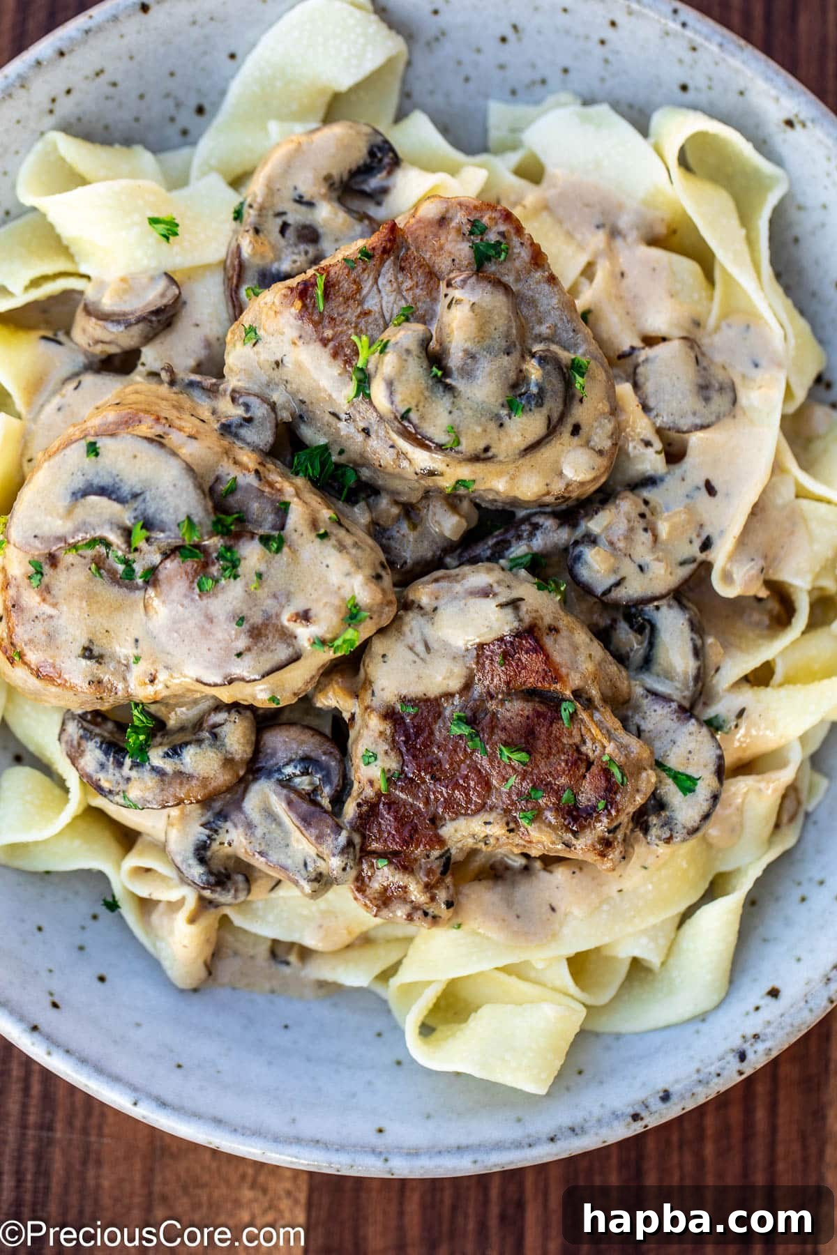 A bowl filled with succulent pork tenderloin in creamy mushroom sauce, served alongside pasta.