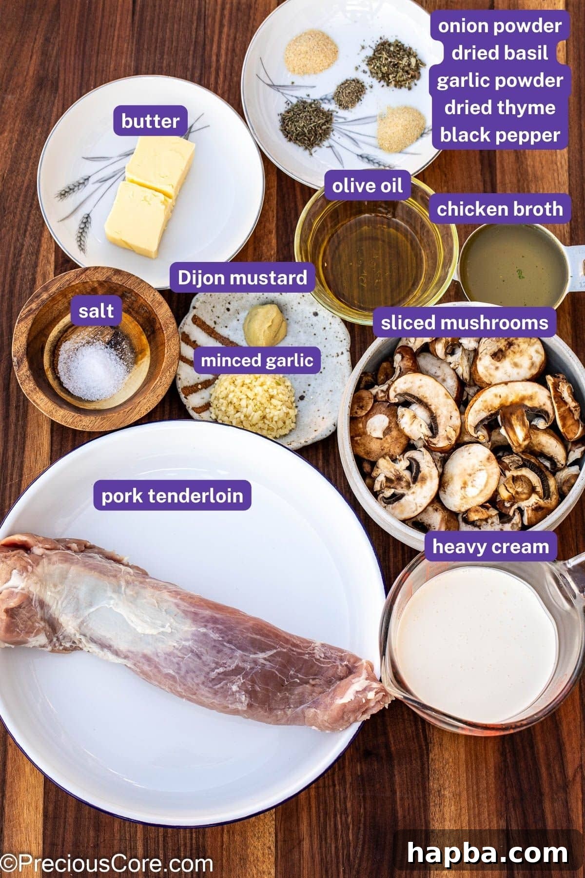 Arrangement of ingredients for pork tenderloin in creamy mushroom sauce, clearly labeled.