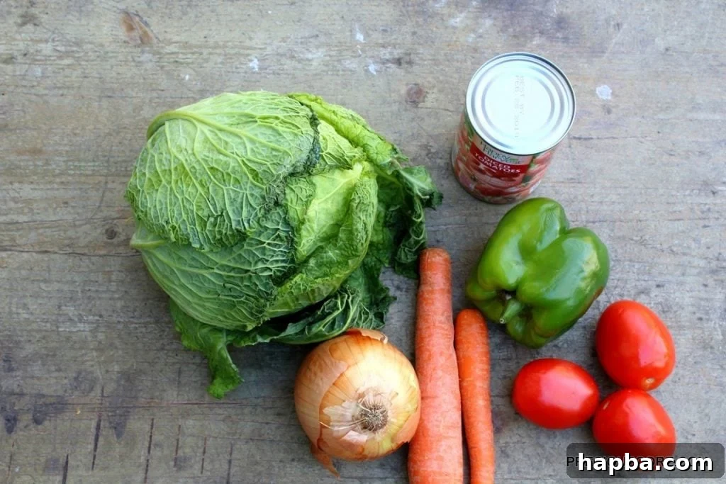 Fresh ingredients for stewed cabbage: cabbage, carrots, tomatoes, onions, bell peppers.
