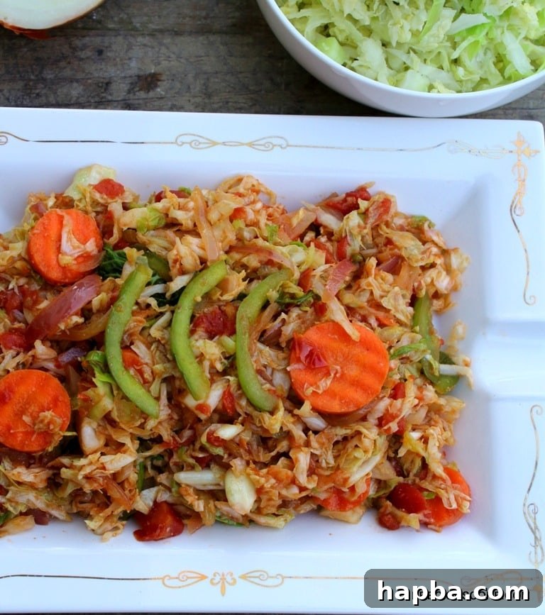 Overhead shot of stewed cabbage and Irish potatoes, showcasing the vibrant colors.