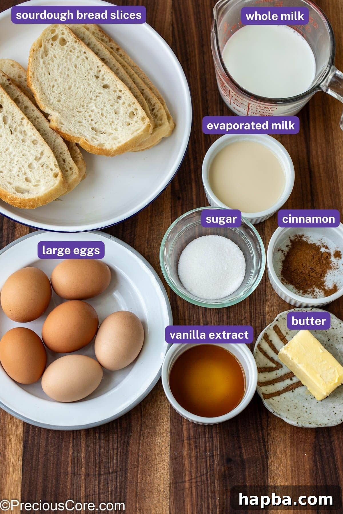 Measured out ingredients for Sourdough French Toast.