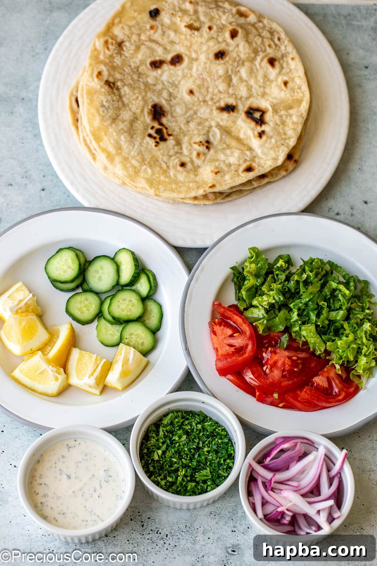 Ingredients for making a shawarma wrap.
