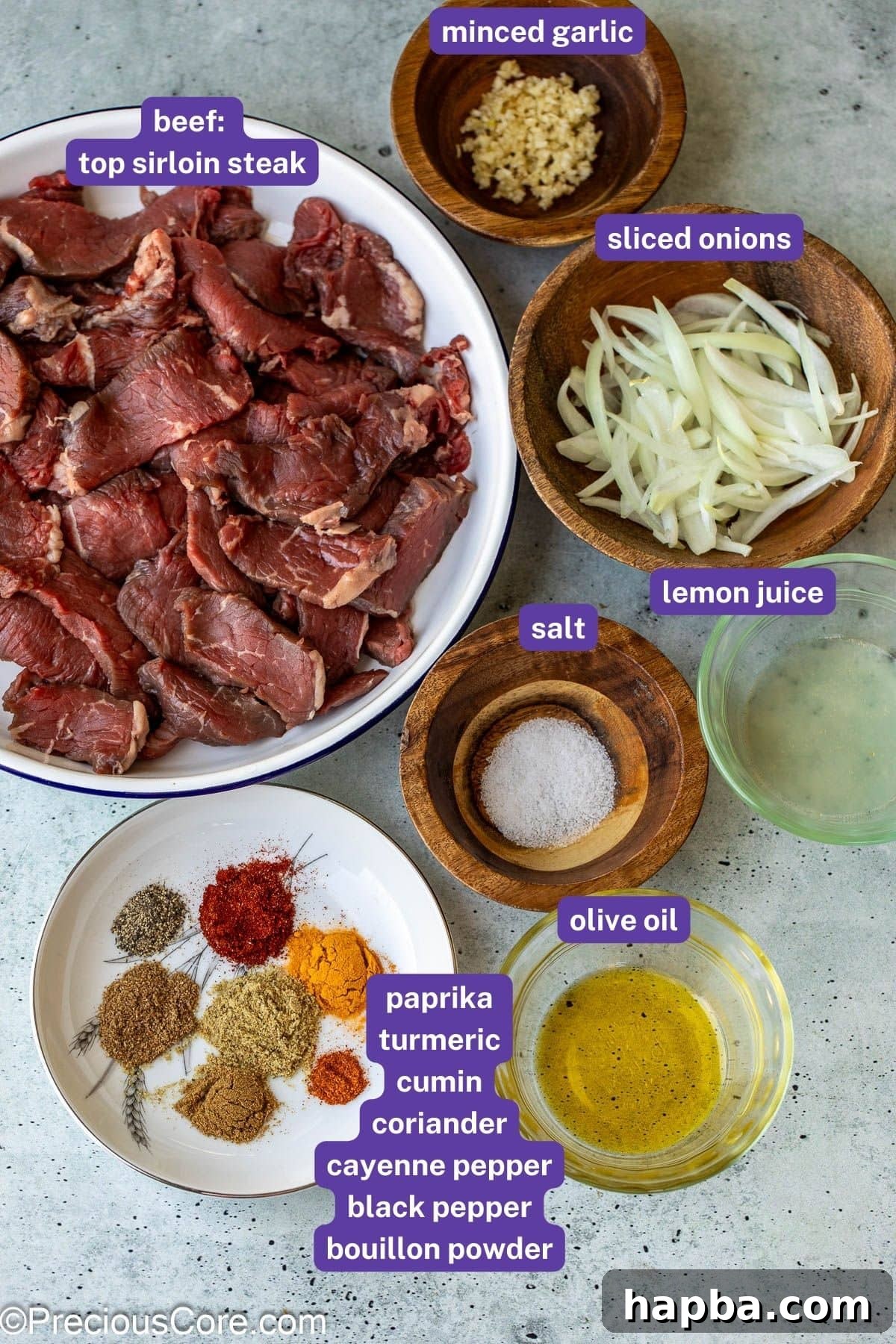 Restaurant-Style Beef Shawarma at Home 4 A collection of fresh ingredients laid out for making beef shawarma.