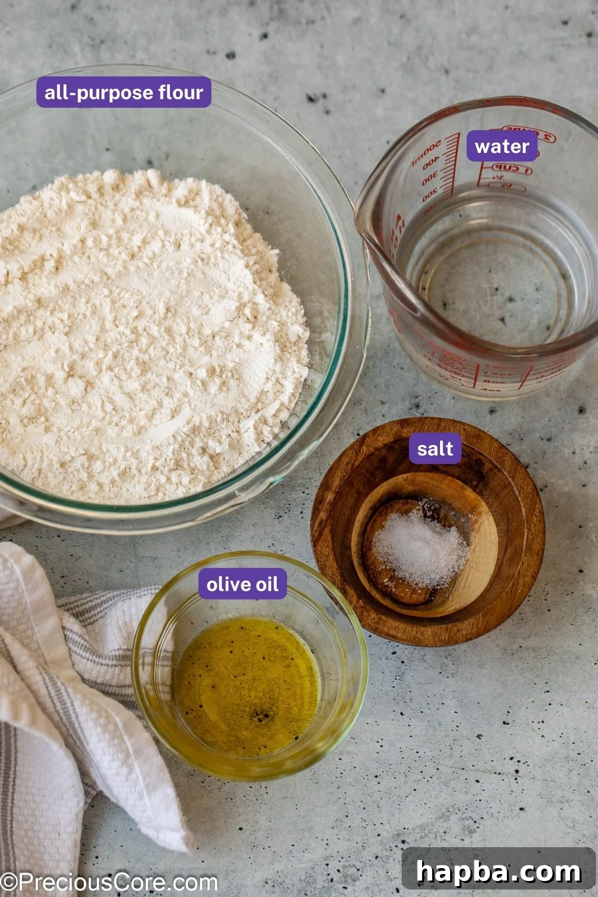 Shawarma Flatbread 5 Precisely measured ingredients laid out for making shawarma bread, emphasizing simplicity and readiness.