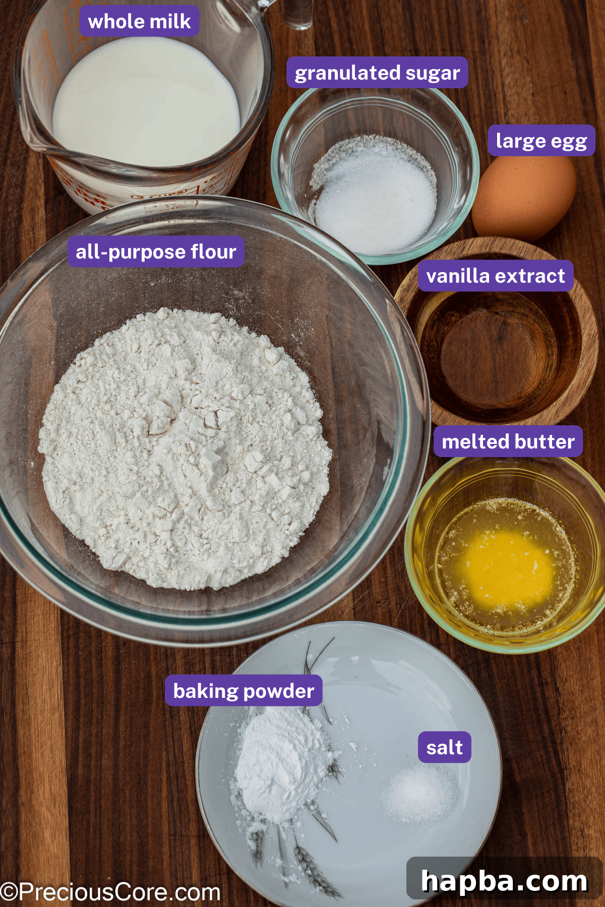 A beautifully arranged flat lay of essential pancake ingredients on a light kitchen counter. Featured items include a bowl filled with all-purpose flour, a glass bottle of fresh whole milk, a carton of eggs, a stick of unsalted butter, a container of baking powder, a bowl of granulated sugar, and a small dish of salt. All components are neatly labeled, ready for baking.