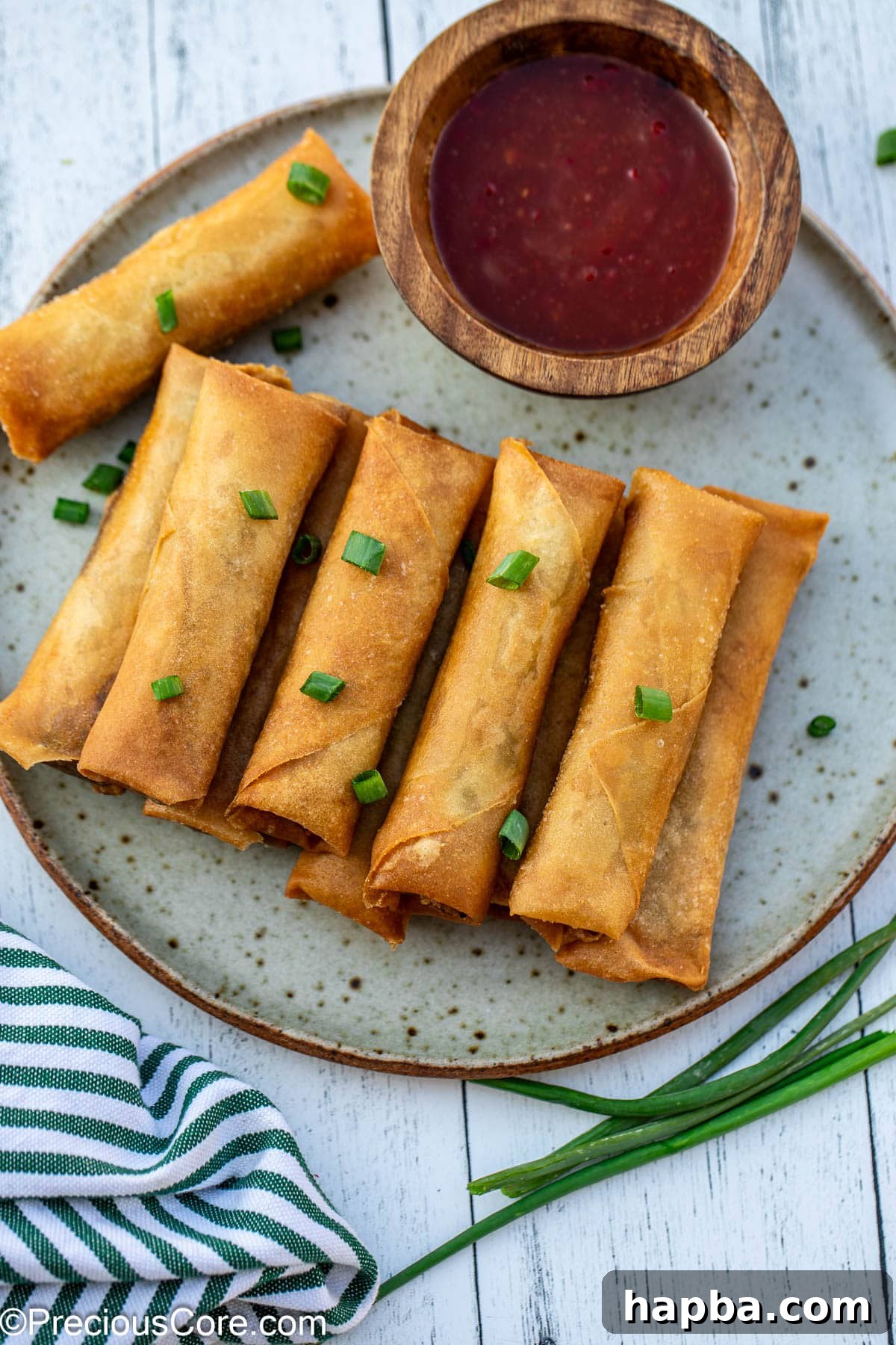 Plated beef spring rolls.