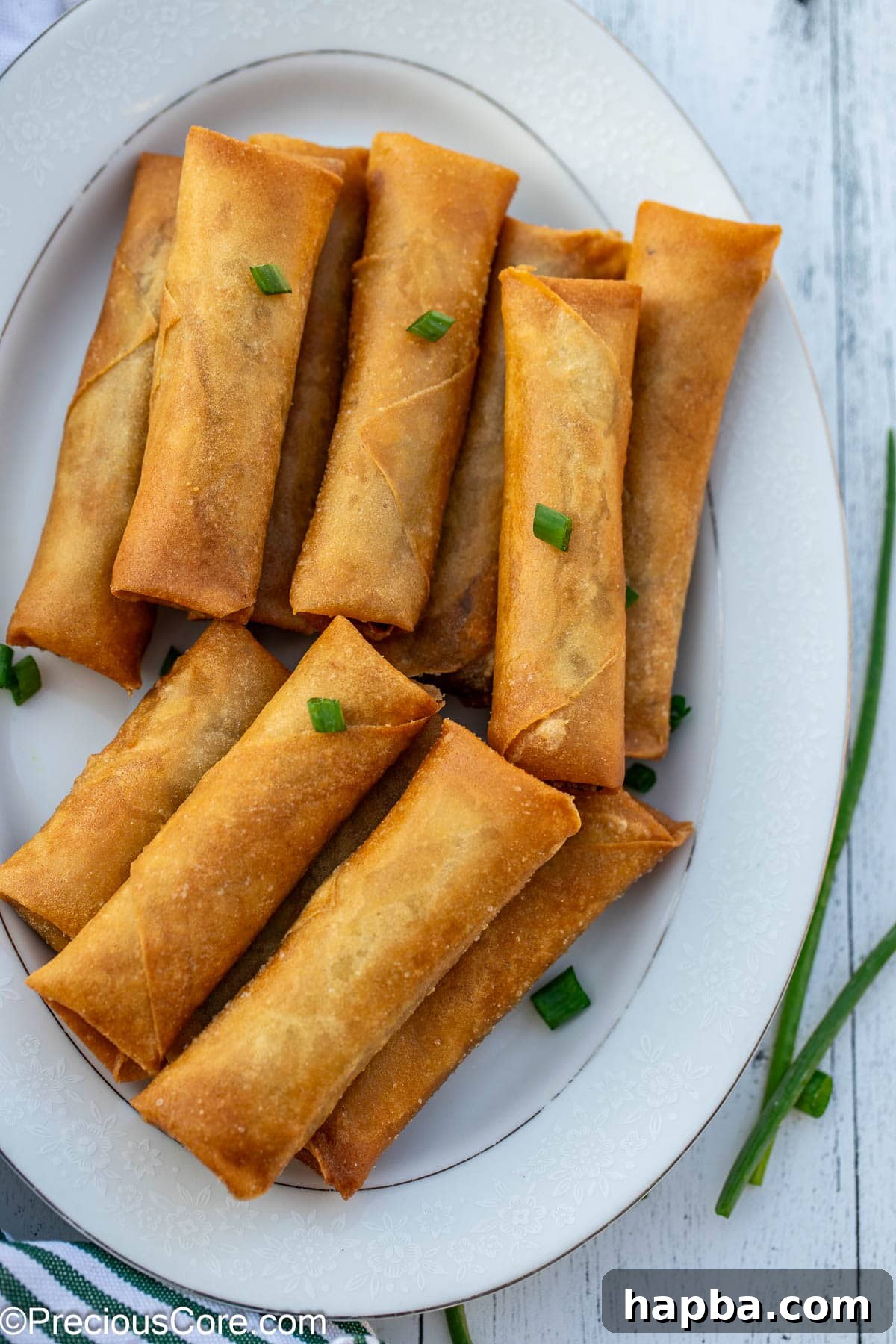 Crispy fried spring rolls with beef on a plate.