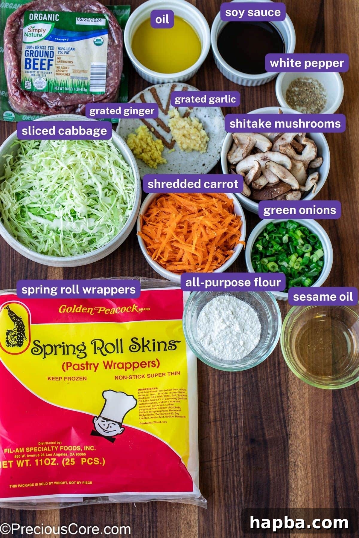 Ingredients needed for homemade beef spring rolls.