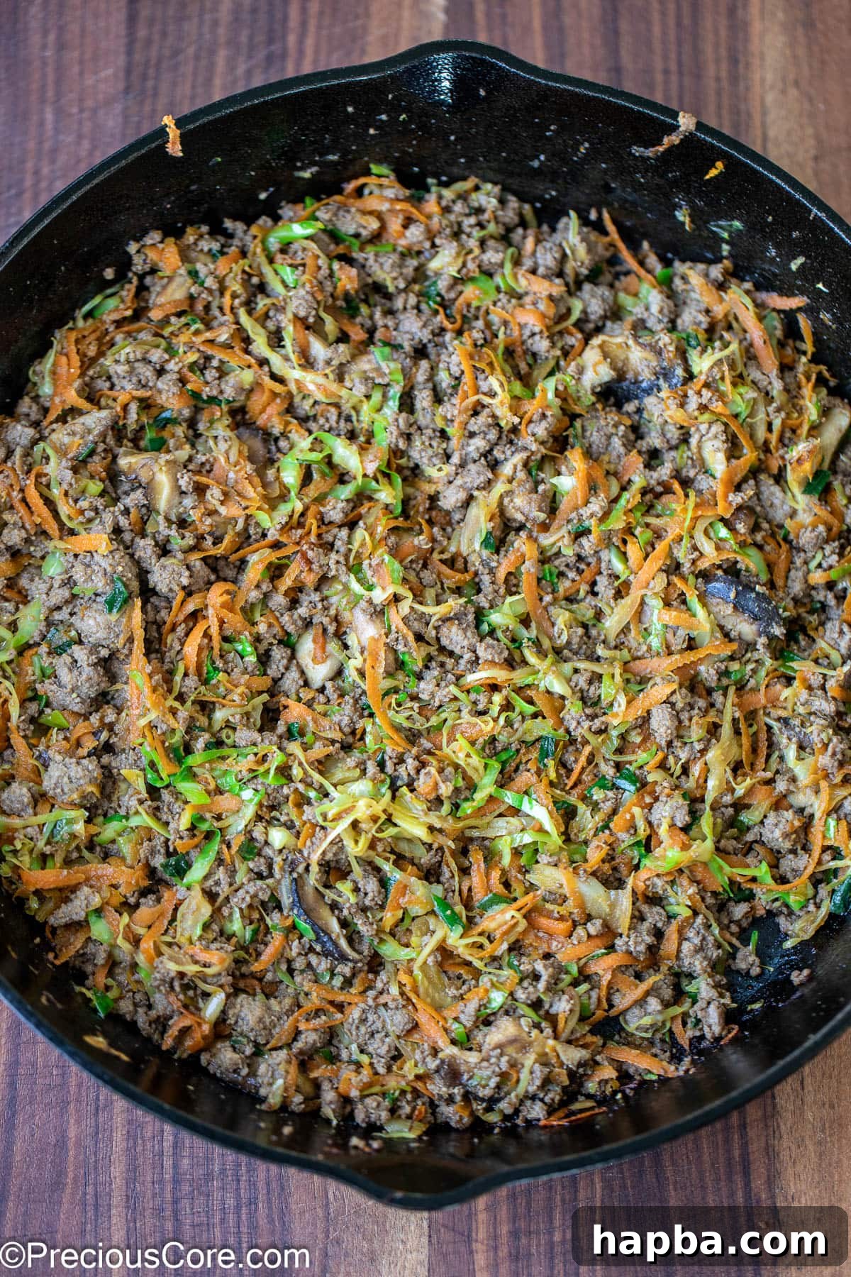 Cooked filling in a skillet.
