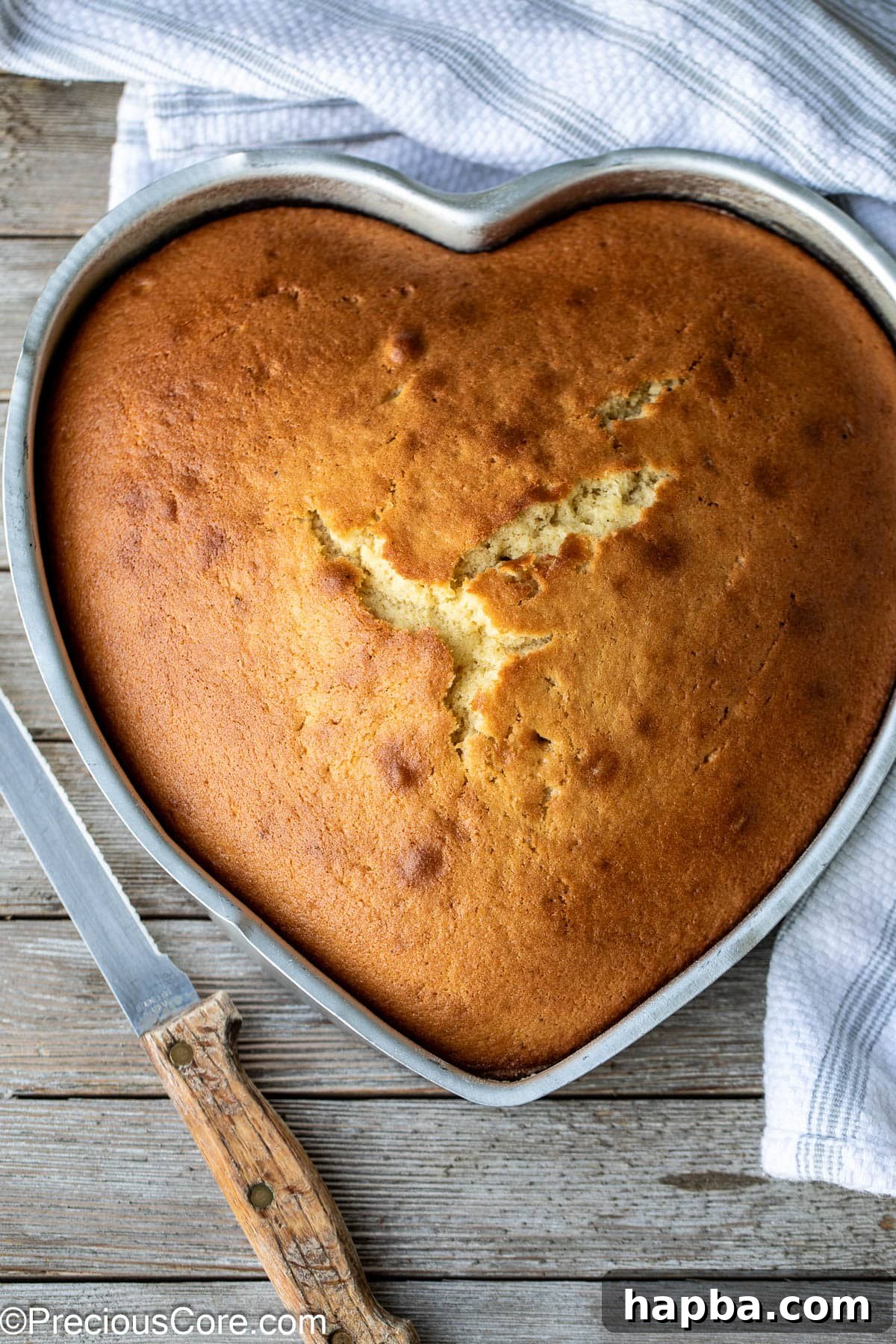 A beautifully baked plain cake in a heart-shaped pan, ready to be served, with a knife resting elegantly beside it.