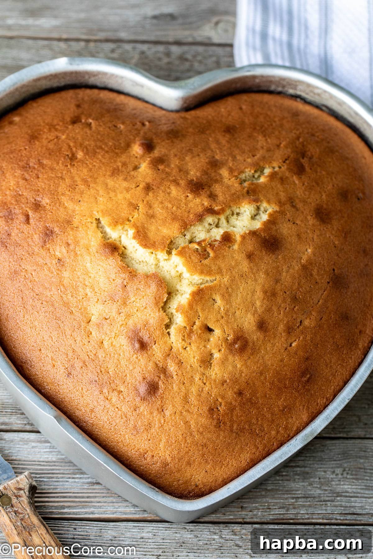 A heart-shaped plain cake, golden and inviting, still resting perfectly in its baking pan.